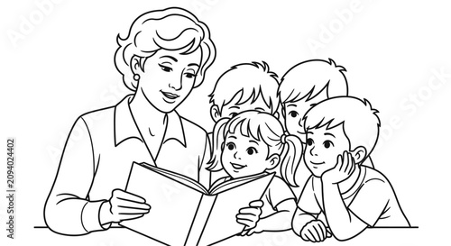 Quadro su tela A black and white line art illustration of a female teacher reading a book to a group of four attentive children, isolated on a white background