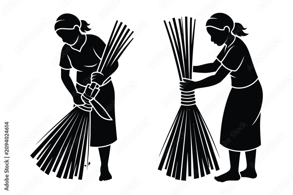 Obraz premium Black silhouette illustration of women bundling and tying organic sticks