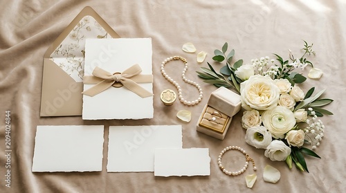 Wedding stationery and accessories arranged on a beige fabric with flowers