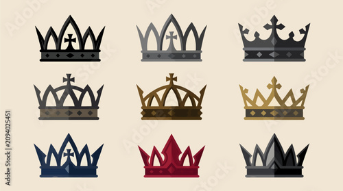 Фотография Collection of Flat Design Gothic Crown Icons with Pointed Arches and Cross Emble