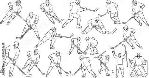 Photography Hand Drawn Ice Hockey Players and Goalie Action Line Art Collection