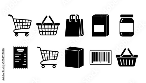 Fotografija Shopping Cart Icon Set with Black Basket, Bag, Box, Barcode, Receipt, and Jar Gr