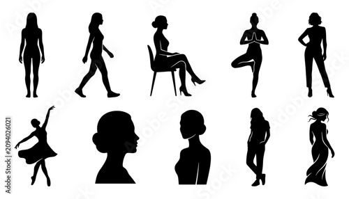 Schilderij op canvas Sports Silhouette Icons Set with Different Athletic Poses and Clothing, Black Ve