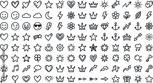 A collection of 96 hand drawn doodle style icons including hearts stars crowns emojis and more on white background