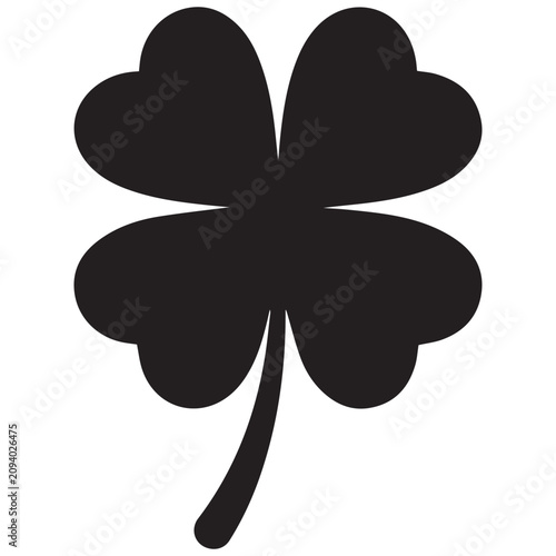 Single four leaf clover icon silhouette isolated on white background with shamrock, silhouette