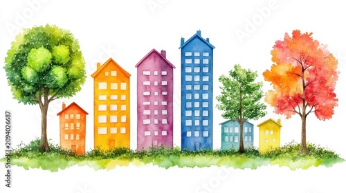 Colorful watercolor illustration of trees and houses in a vibrant neighborhood scene