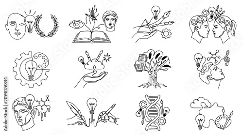 Quadro su tela Creative Ideas and Inspiration Icons: Brainstorming, Innovation, Art, Science, a