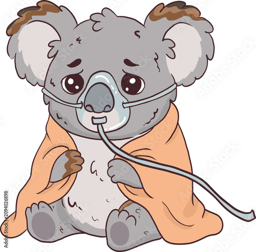 Canvas Print Sad cartoon koala wrapped in a blanket with medical IV drip, Australian wildlife