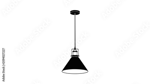 Photos Modern pendant light fixture, black cone shade, single bulb, minimalist design, isolated on white background