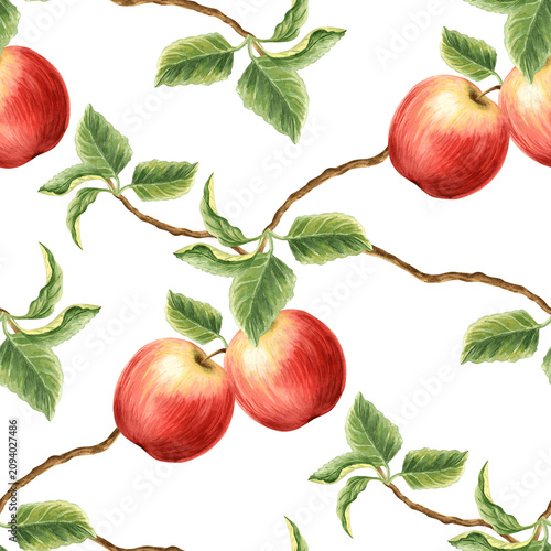 Red apples with leaves watercolor seamless pattern. Fruits background hand drawn illustration for healthy eating design. Organic summer food for packaging of jam, skincare, home textile, tablecloth.