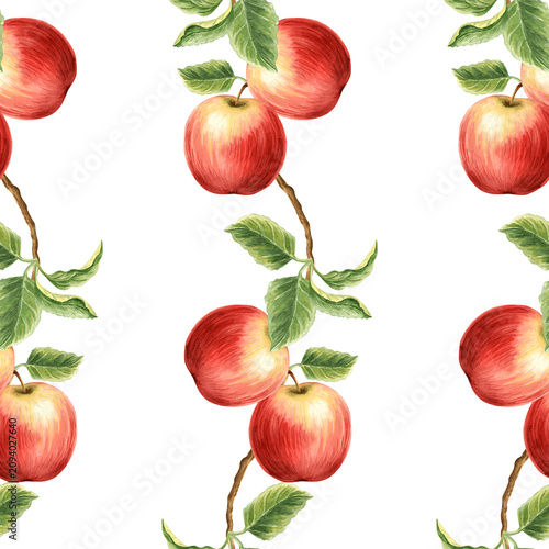Red apples with leaves on branch watercolor seamless pattern. Fruits background hand drawn illustration for healthy eating design. Organic food for packaging jam, skincare, home textile, tablecloth.