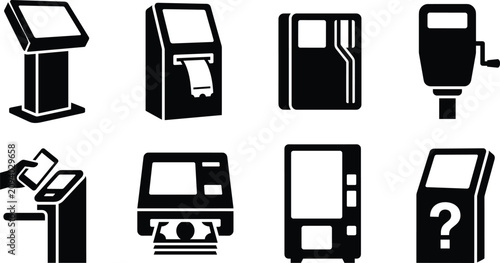 Automated self service kiosk and banking terminal icon set for payment ticketing vending and information access,