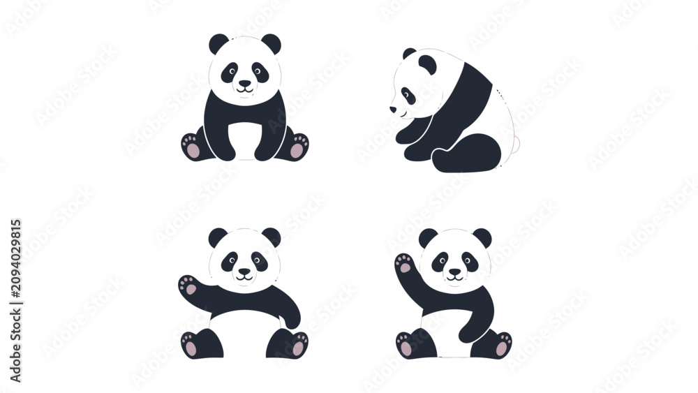 Naklejka premium Set of four cute cartoon pandas in different poses, isolated on a white background.