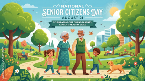 National senior citizens day illustration featuring a happy elderly couple walking with grandchildren and a dog in a park with couple holding hands