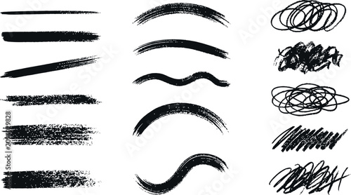 Black brush stroke collection diverse textural elements for artistic design and graphic projects