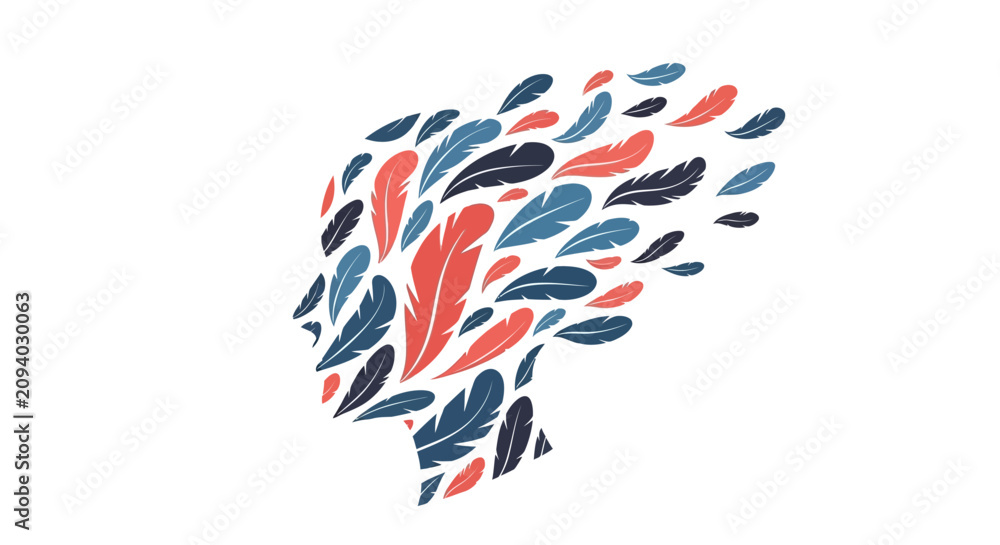 Obraz premium Colorful feathers forming a human head shape on white background