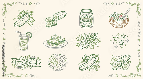A charming collection of hand-drawn illustrations featuring cucumbers in various forms, including whole fruits, sliced pieces, a refreshing drink, a jar of pickles, and a salad.
