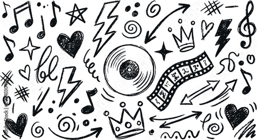 Hand drawn music and film symbols in black on white background