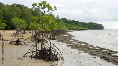 The Black Mangrove (Avicennia germinans) showing trees on the beach surrounded by many aerial roots, the phneumatophores growing out towards the sea in Pantai Bagan Pinang, Negeri Sembil, Malaysia.