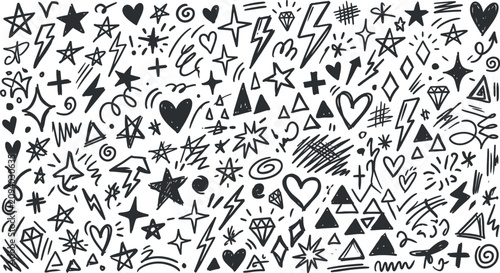 Hand drawn doodle elements collection stars hearts lightning diamonds and geometric shapes
