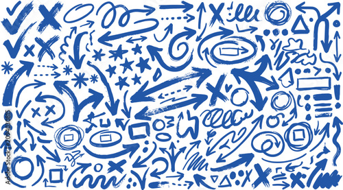 Blue hand drawn doodle arrows checkmarks and scribbles vector illustration