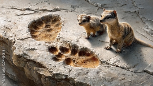 Meerkat Detectives: Two curious meerkats examine enormous footprints embedded in a rocky, sun-baked surface, embarking on a thrilling adventure of discovery.
