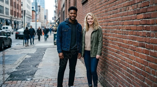Diverse young couple standing together on a city sidewalk by a brick wall