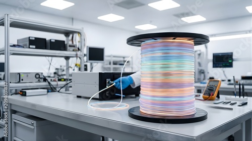 Fiber optic cable on spool being tested in a modern electronic laboratory
