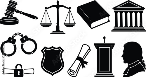 Bild auf Leinwand Legal justice and law enforcement icon set with gavel scales court building hand
