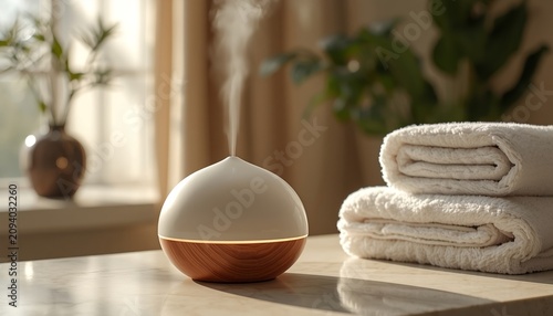 Aromatic essential oil diffuser with mist on a wooden table in a relaxing spa bathroom