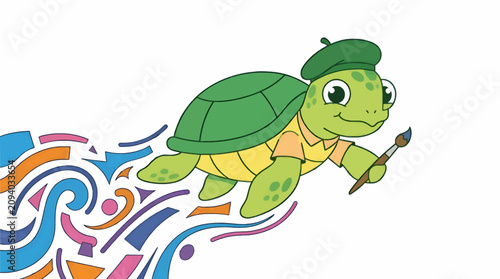 Cute Cartoon Sea Turtle Artist Wearing Beret and Holding Paintbrush, Swimming Through Abstract Colorful Shapes, Flat Vector Illustration