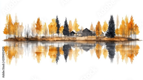 Serene autumn landscape with trees, lake, and small rustic houses reflection