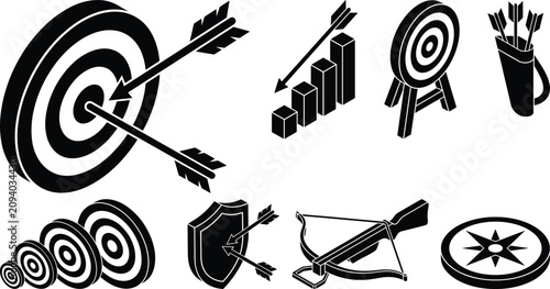 Schilderij op canvas Target archery and business goal icon set with dartboard arrow graph shield cros