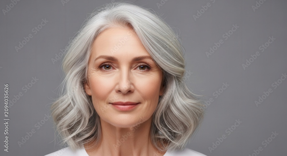 Naklejka premium Close-up studio portrait of an elegant mature woman with wavy grey hair smiling gently against a neutral grey background, representing healthy aging.