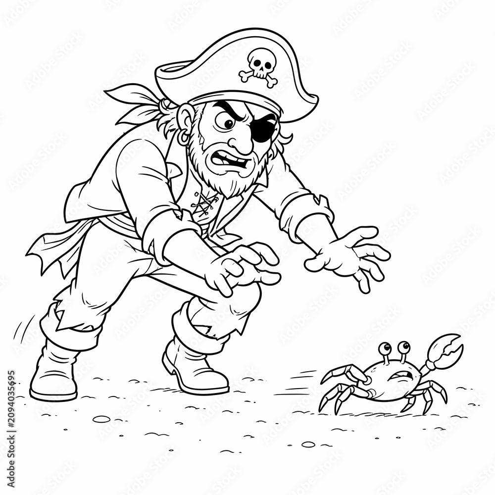 Fototapeta premium Black and white line art vector illustration of a grumpy cartoon pirate with an eyepatch and skull hat reaching to catch a small crab on the sand, ideal for children's coloring book page.