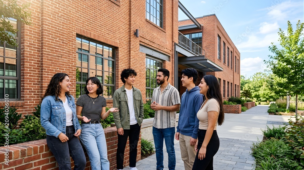 Fototapeta premium Diverse group of young students talking outside a brick university building