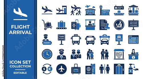 Obraz na płótnie Flight arrival and airport service icons for travel logistics