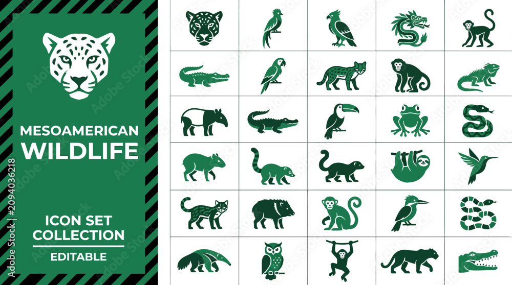 Fototapeta premium Central american wildlife icon set with jaguar and jungle animals