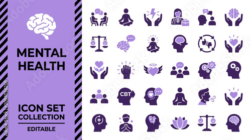 Canvas Print Mental health and psychology icon set for wellness and therapy