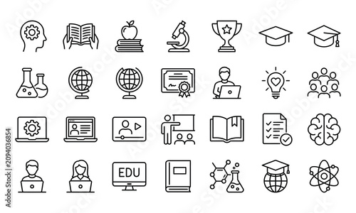 Set of thin line education and science icons including books computer graduation cap globe chemistry tools and academic learning symbols
