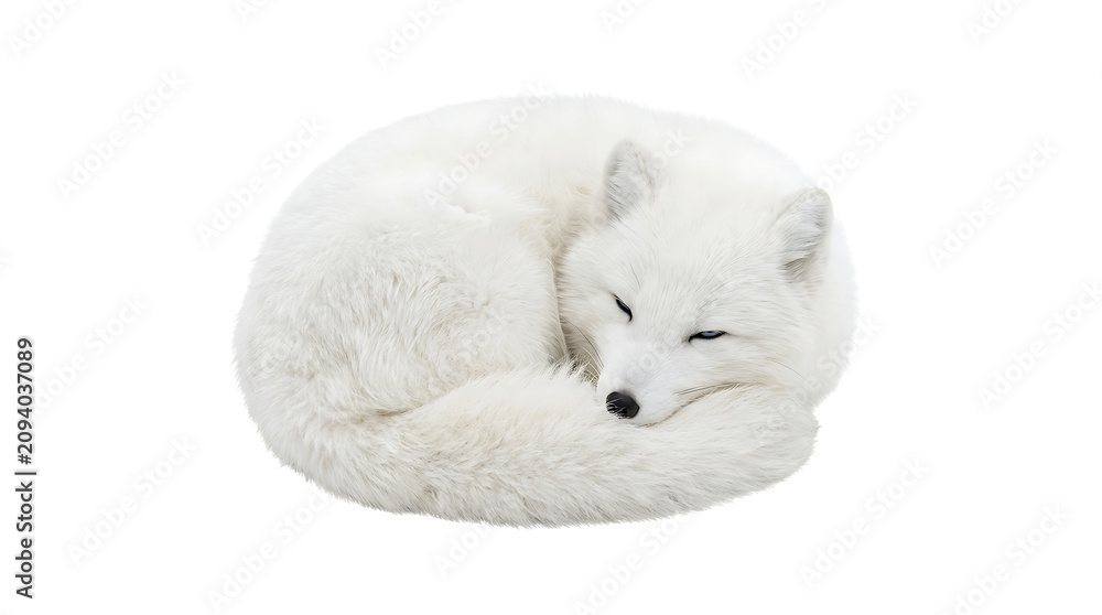 Fototapeta premium Sleeping white arctic fox curled in a ball on transparent background