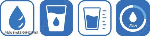 Water drop and hydration tracking app icons in blue flat design