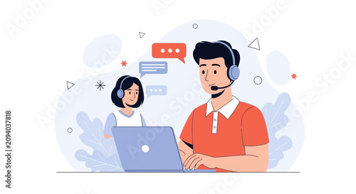 Customer Service Team with Laptops and Chat Bubbles - Flat Design Illustration