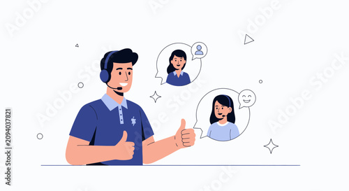 Customer Support Agent Giving Thumbs Up with Happy Clients in Speech Bubbles - Vector Illustration