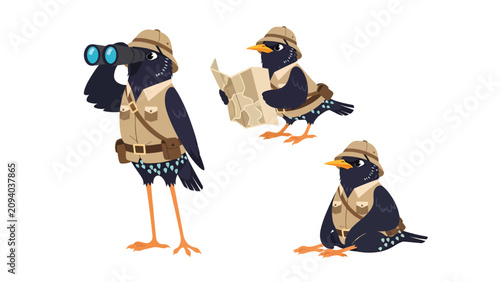 Three cartoon birds dressed as explorers with binoculars and maps on a white background.