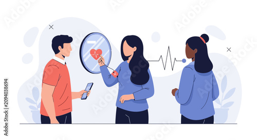Diverse people interacting with futuristic health monitoring technology, showcasing telehealth and medical innovation.