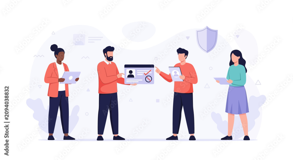 Fototapeta premium Diverse team collaborating on digital profile verification and security measures with shield icon