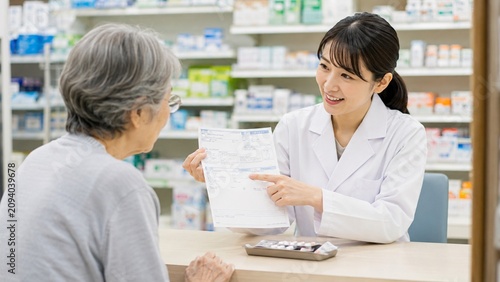 薬局で処方内容を説明する女性薬剤師と高齢者