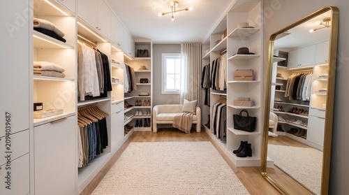 Canvastavla Beautifully organized walk-in closet with ample storage and stylish mirrored van