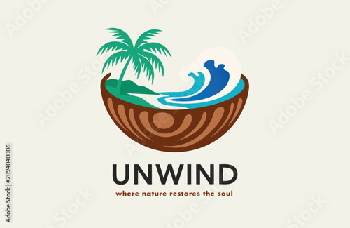 Canvastavla A tropical paradise landscape inside a coconut shell symbolising relaxation and